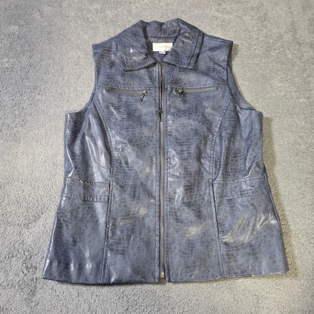 Erin London Womens Medium Vest Blue Grey Faux Leather Croc Embossed Zip Up Moto